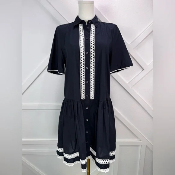 Kate Spade Broome Street Black Cotton Lace Trim Shirt Dress Size Small - Picture 1 of 10